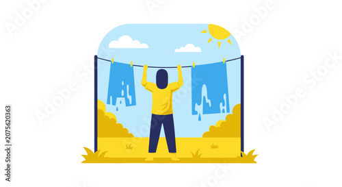 Flat Vector Illustration of a Woman Hanging Wet Laundry on an Outdoor Clothesline on a Sunny Day