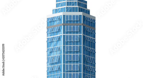 Eco-Friendly Modern Skyscraper with Integrated Solar Panels on Glass Facade Isolated on White Background