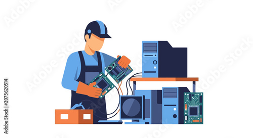 IT Technician Repairing Computer Hardware and Motherboards, Flat Vector Illustration of PC Service and Maintenance Specialist