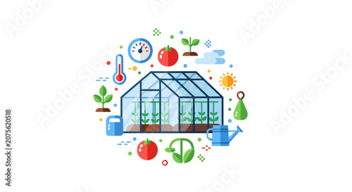 Flat Vector Illustration of a Modern Greenhouse with Gardening Icons for Smart Agriculture and Organic Farming Concepts