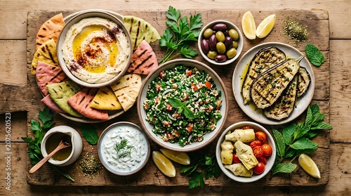 Mediterranean mezze platter with hummus tabbouleh and pita bread