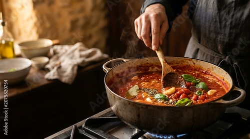 Person stirring bubbling tomato sauce in a rustic cast iron pot