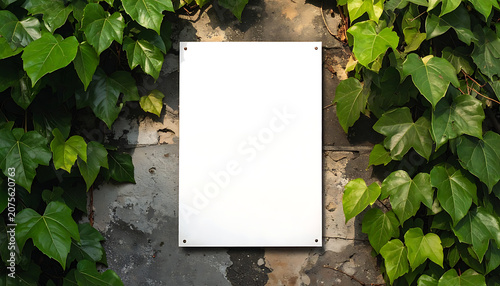 Blank vertical white sign hanging on a weathered stone wall covered with lush green ivy vines, perfect for advertising mockups