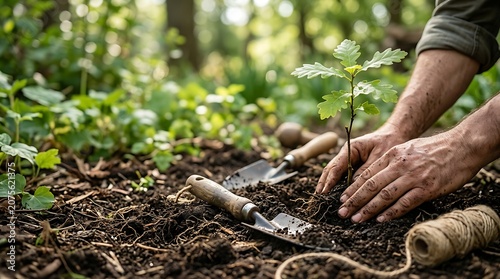 Person planting a small oak tree sapling in rich garden soil