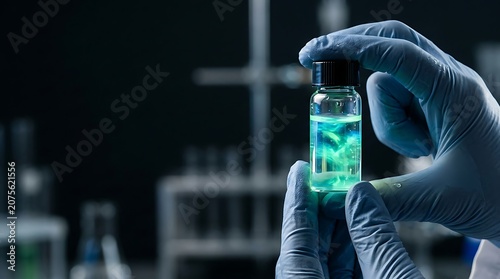 Scientist hands in gloves holding a glowing blue liquid vial