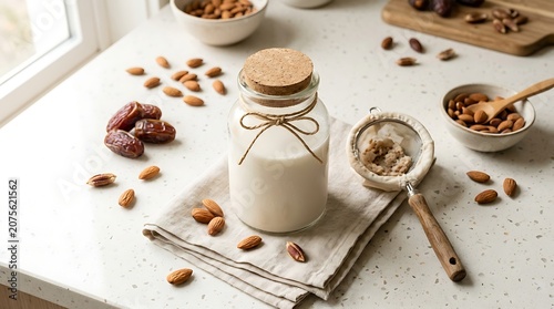 Homemade almond milk in glass jar with almonds and dates