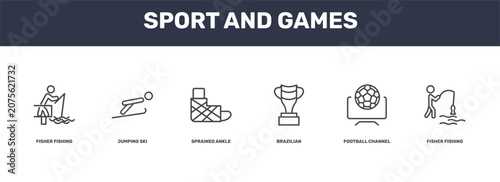 Konstfotografi sport and games icon set with fisher fishing, jumping ski, football channel, fis
