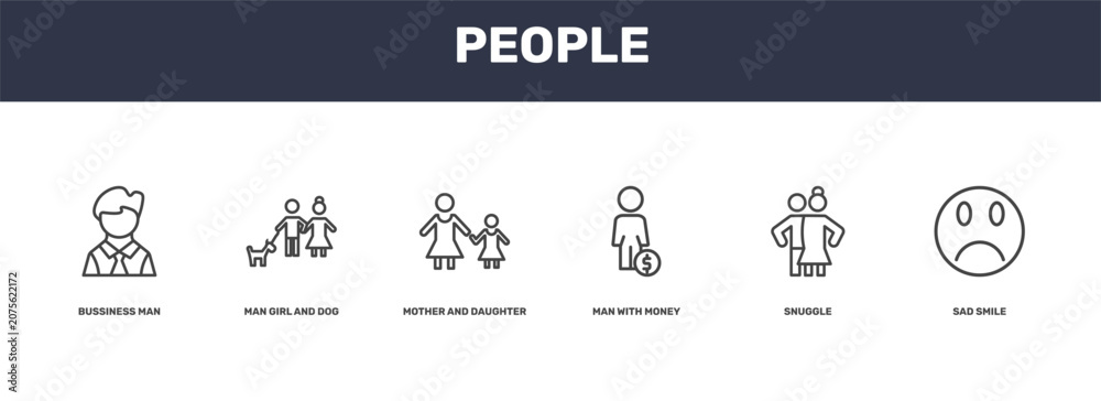 Fototapeta premium people icon set with bussiness man, man girl and dog, snuggle, sad smile signs in flat outline style