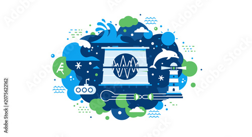 Flat Vector Illustration of Marine Renewable Energy Technology featuring Tidal Power, Wave Energy Converters, Lighthouse and Sustainable Ocean Infrastructure