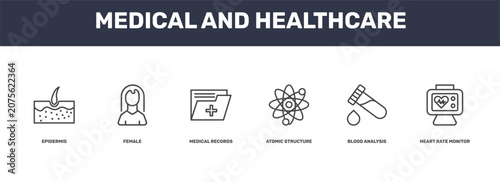 Tableau sur toile medical and healthcare icon set with epidermis, female, blood analysis, heart ra