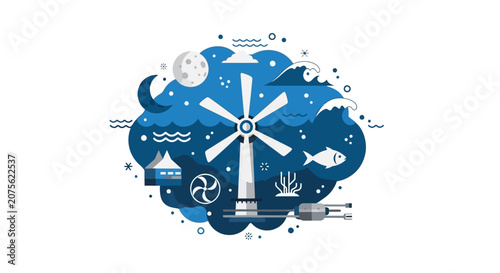 Renewable Energy Concept Illustration Featuring Tidal Power Turbine, Ocean Waves, and Sustainable Marine Technology in Flat Design Style