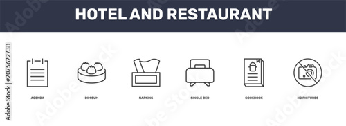 Tableau sur toile hotel and restaurant icon set with agenda, dim sum, cookbook, no pictures signs