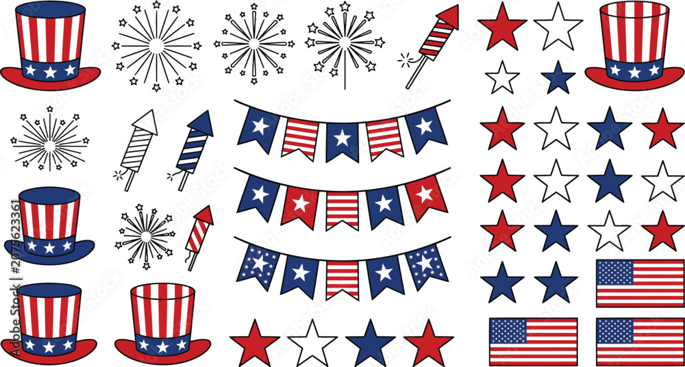 Fototapeta premium Fourth of July patriotic elements with stars and stripes on a white background silhouette