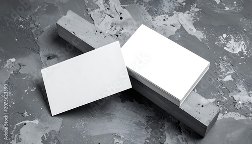 Blank white business cards mockup on gray concrete stone texture, stationery branding, identity design, professional presentation