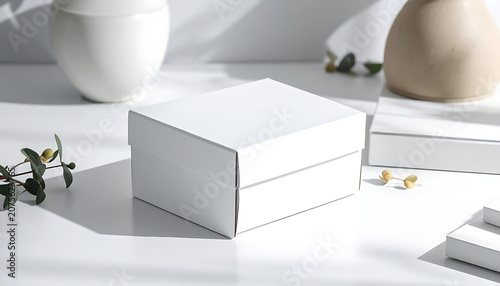 Blank white cardboard gift box, empty packaging mockup for product branding and shipping, minimalist presentation