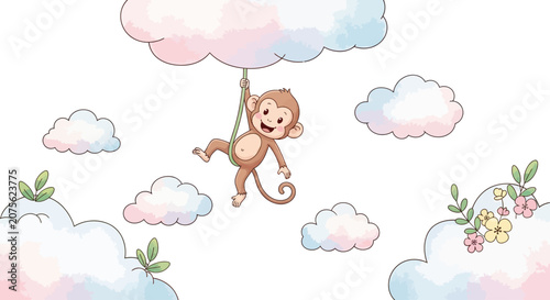 Canvas Print Cute monkey swinging on a rope amongst fluffy clouds.