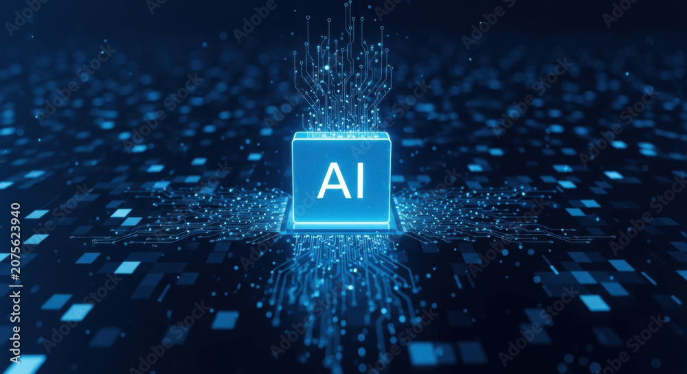 Naklejka premium Artificial intelligence microchip processor showing complex digital circuit pathways glowing against dark cyber background representing innovation.