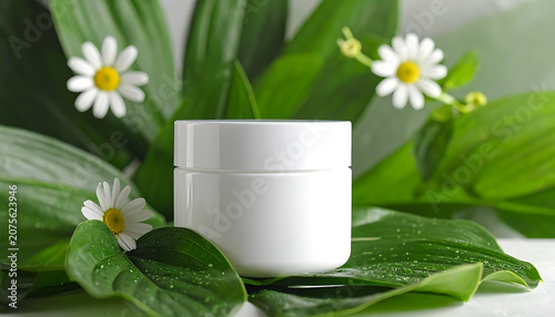Blank white cosmetic jar on fresh green leaves and chamomile flowers, skincare packaging mockup, natural beauty routine, organic skincare product presentation