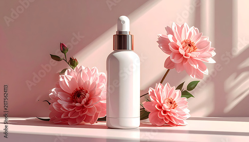Blank white cosmetic serum bottle with pipette cap surrounded by pink dahlia flowers for skincare branding and beauty product presentation