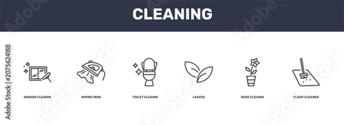 Schilderij op canvas cleaning icon set with window cleanin, wiping iron, rose cleanin, floor cleaner