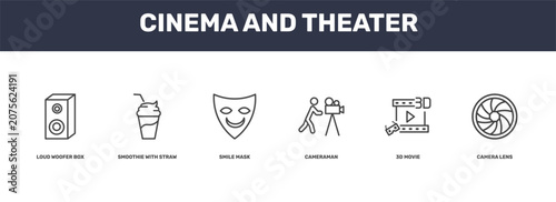 Obraz na płótnie cinema and theater icon set with loud woofer box, smoothie with straw, 3d movie,