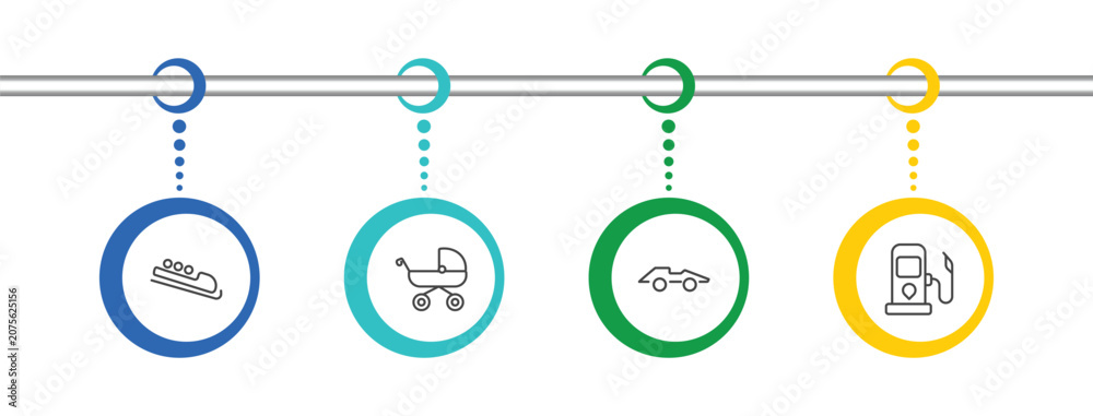 Fototapeta premium transportation icon set with bobsleigh, pram, formula 1, petrol station signs in flat outline style