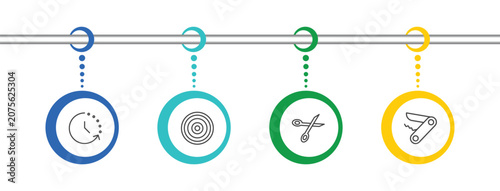 Fotografie tools and utensils icon set with time left, target circles, open scissors, penkn