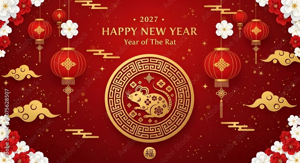 Naklejka premium Happy new year 2027 year of the rat greeting card with red lanterns and gold clouds