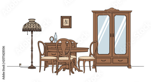 Elegant wooden dining room furniture set featuring a table with chairs, a large display cabinet, and a classic floor lamp.
