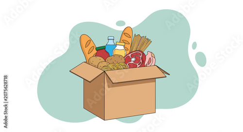 Open cardboard delivery box filled with various fresh grocery items like bread, meat, milk, and vegetables against a soft background.