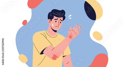 Person suffering from an itchy skin rash or allergy on his arm looking distressed against a colorful abstract background.