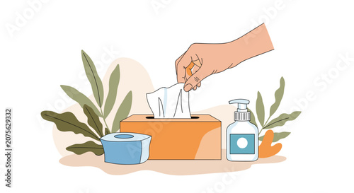 Human hand reaching for a white paper tissue from a box next to hand sanitizer and decorative green house plants.