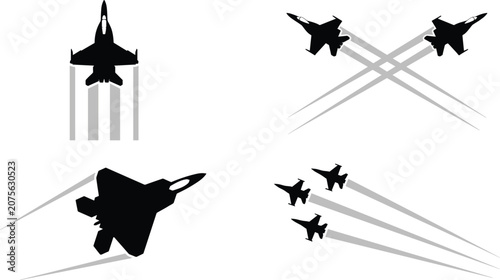 Fotografie Military jet fighter silhouette vector collection featuring airplane squadron pe
