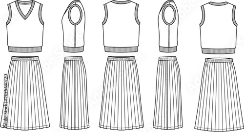 Photos Fashion flat technical sketch of women v neck sweater vest and pleated midi skir