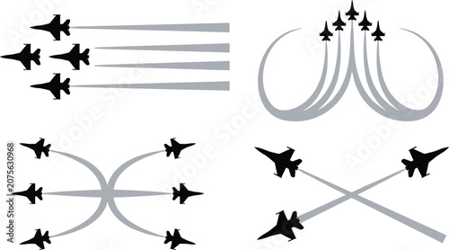Foto Military jet fighter formation silhouette vector set featuring airshow stunt pla