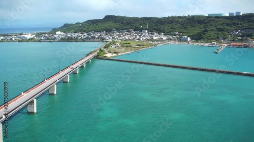 Aerial view of a bridge in the turquoise sea, Okinawa, Japan.	