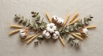 Aesthetic Flat Lay of Cotton Bolls Wheat Stalks and Eucalyptus Leaves on Neutral Linen Background