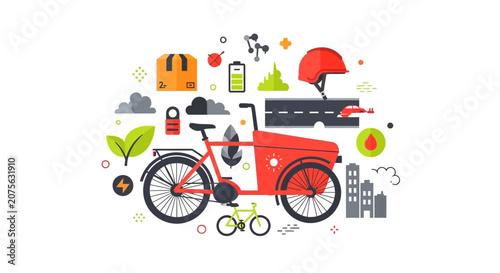 Eco-Friendly Red Cargo Bike and Green Logistics Vector Illustration for Sustainable Urban Last Mile Delivery