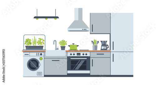Modern Flat Vector Kitchen Interior Design with Appliances, Furniture, and Indoor Herbs on White Background