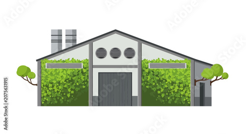 Eco-Friendly Sustainable Factory Building Illustration - Modern Green Industrial Warehouse with Vertical Gardens and Trees