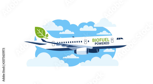 Biofuel Powered Airplane Flying in Clouds, Sustainable Aviation Concept Vector Illustration for Eco-Friendly Travel