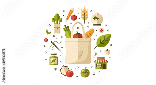 Flat Vector Illustration of a Sustainable Grocery Shopping Concept with Reusable Tote Bag, Organic Vegetables, and Eco-Friendly Lifestyle Icons