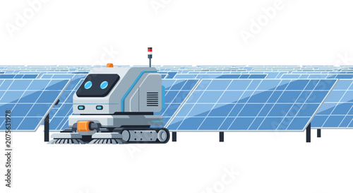 Autonomous Solar Panel Cleaning Robot Illustration: Smart Maintenance Vehicle for Renewable Energy Farms and Sustainable Solar Power Plant Technology
