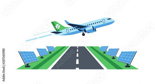 Sustainable Aviation Concept: Electric Airplane Taking Off from a Solar-Powered Runway Illustration