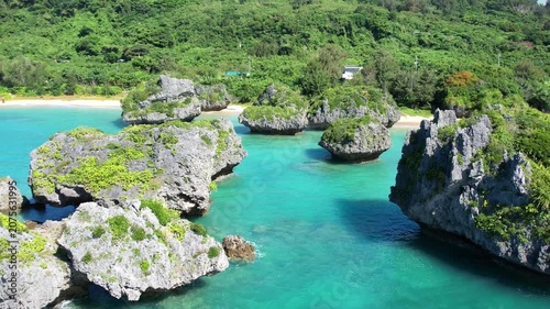 Aerial view of mushroom rocks in the turquoise sea