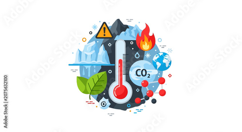Global Warming and Climate Change Concept Illustration with Thermometer, Melting Icebergs, and CO2 Emissions