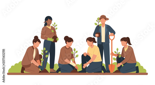 Diverse Volunteers Planting Trees Illustration - Reforestation, Environmental Protection, and Community Sustainability Concept Vector
