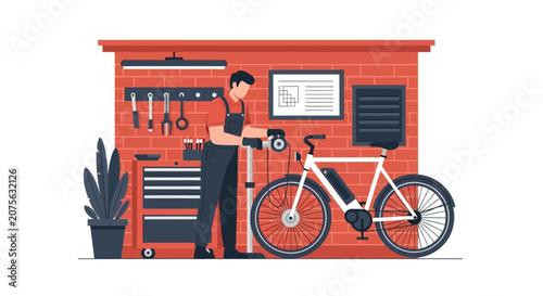Professional Bicycle Mechanic Repairing Electric E-Bike in Modern Workshop Garage Vector Illustration