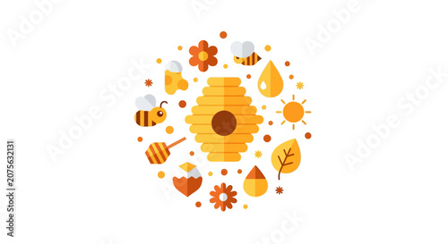 Beekeeping Flat Icon Set with Beehive, Honey, Bees, and Flowers in Circular Composition