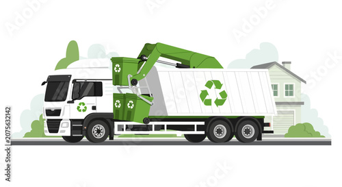 Eco-Friendly Recycling Truck with Mechanical Arm Collecting Green Bins in Suburban Neighborhood Illustration